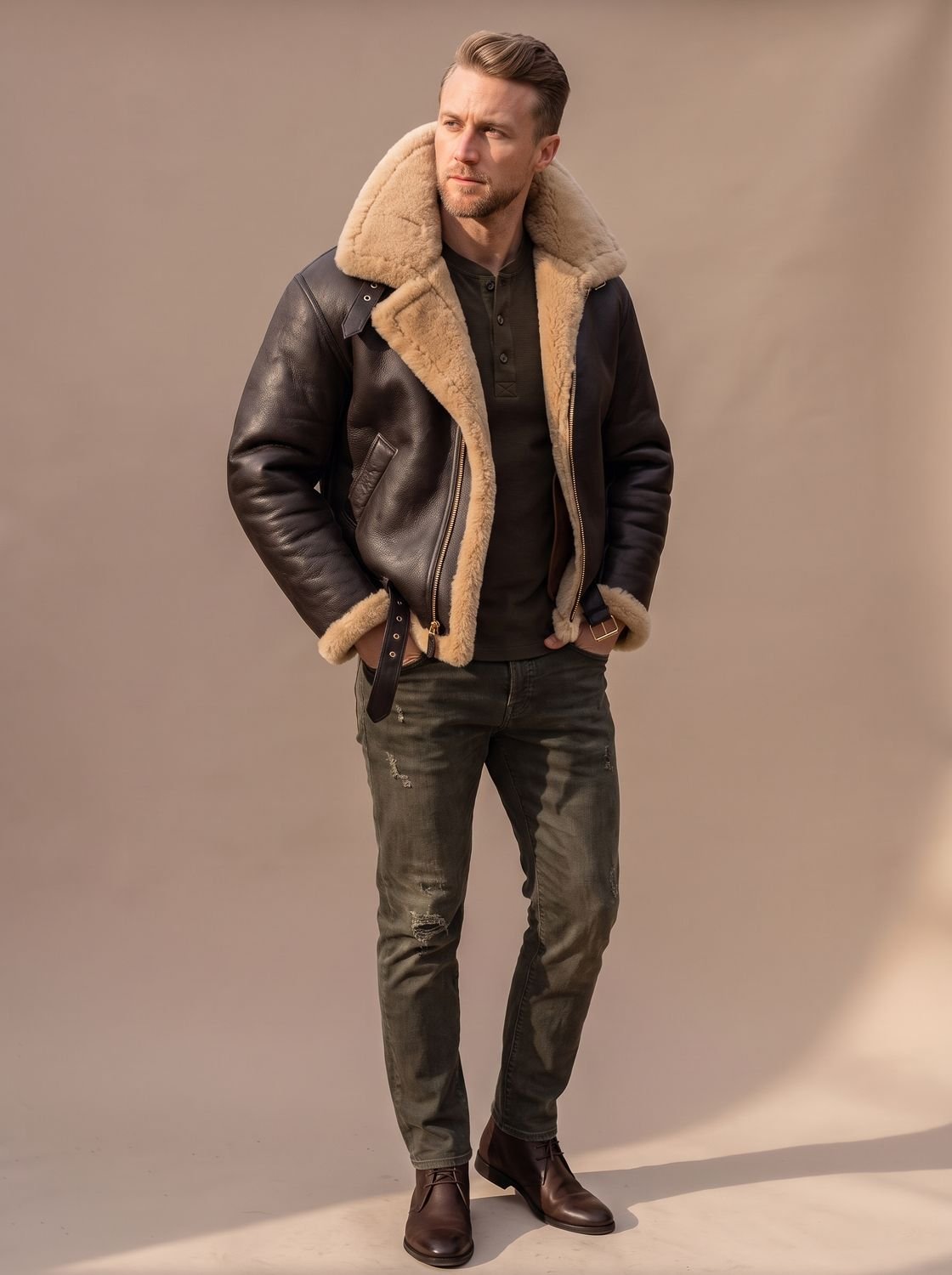 Men's Sheepskin Bomber Leather Flying Jacket Shearling Collar