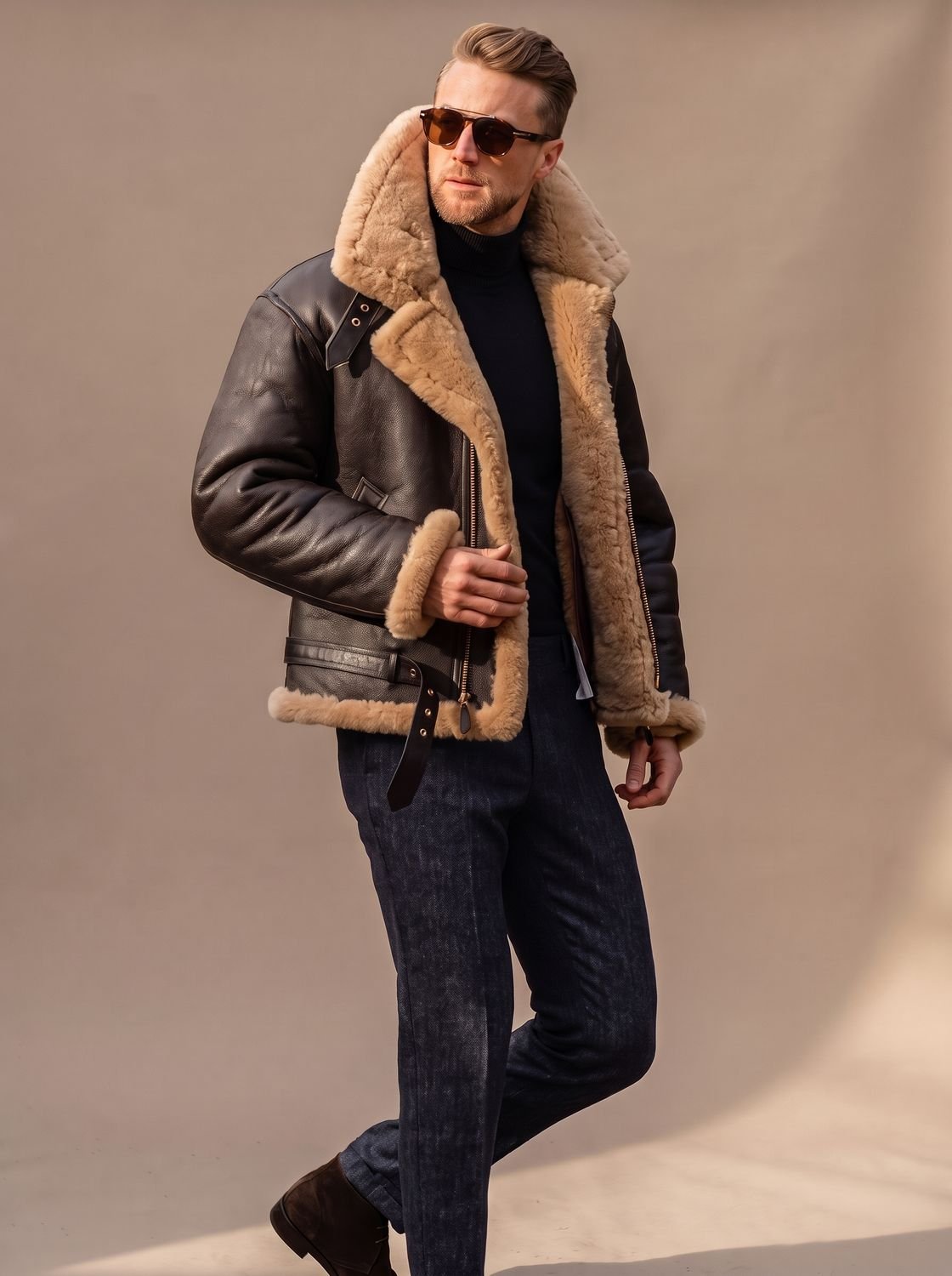 Men's Sheepskin Bomber Leather Flying Jacket Shearling Collar