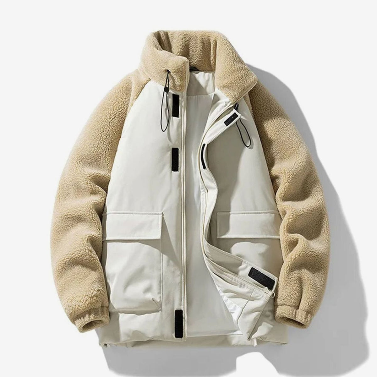 Men's Sherpa Colour-Block Zip-Up Winter Jacket - Khaki