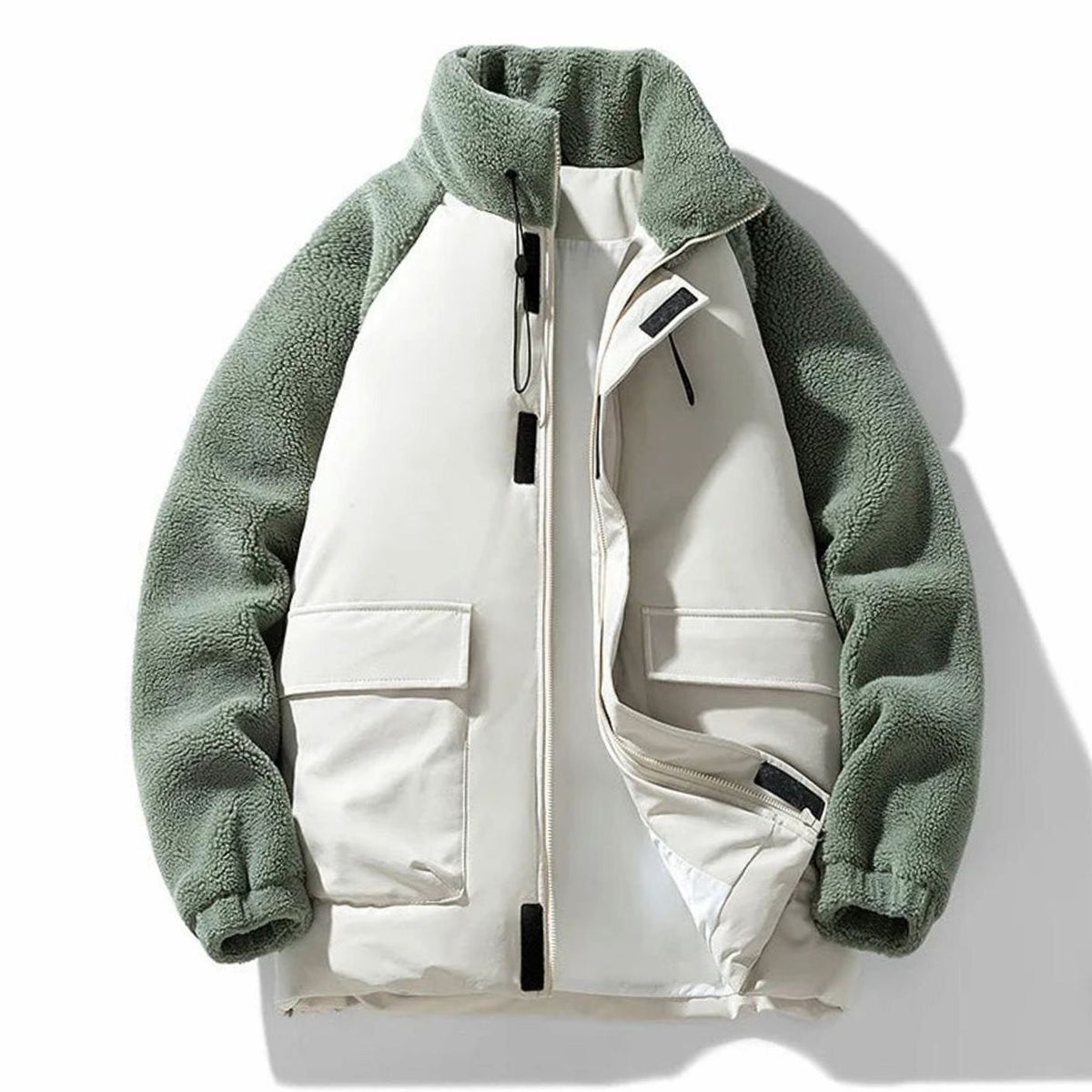 Men's Sherpa Colour-Block Zip-Up Winter Jacket - Green