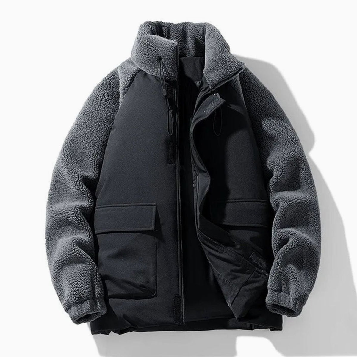 Men's Sherpa Colour-Block Zip-Up Winter Jacket - Grey