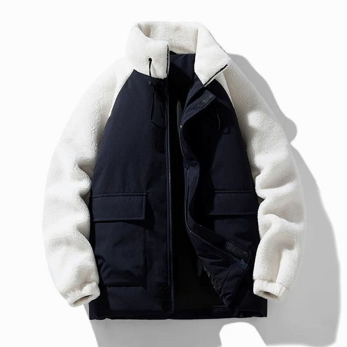 Men's Sherpa Colour-Block Zip-Up Winter Jacket - White