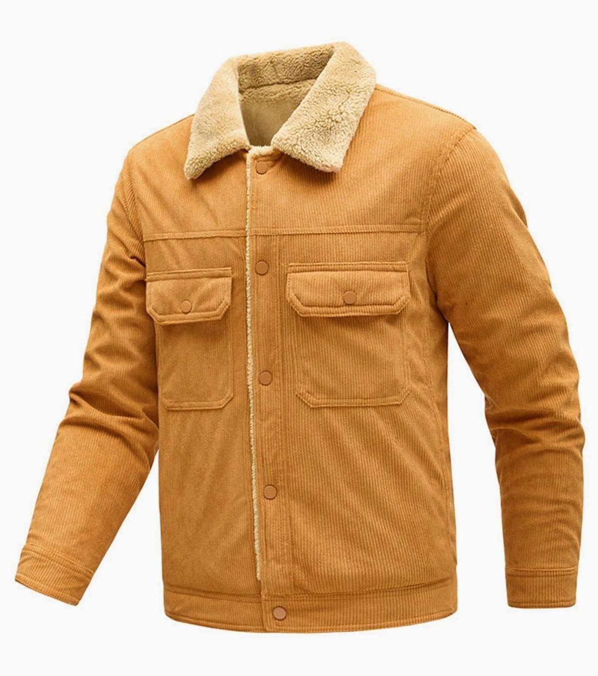 Men's Sherpa-Lined Corduroy Button-Up Jacket with Chest Pockets - Caramel