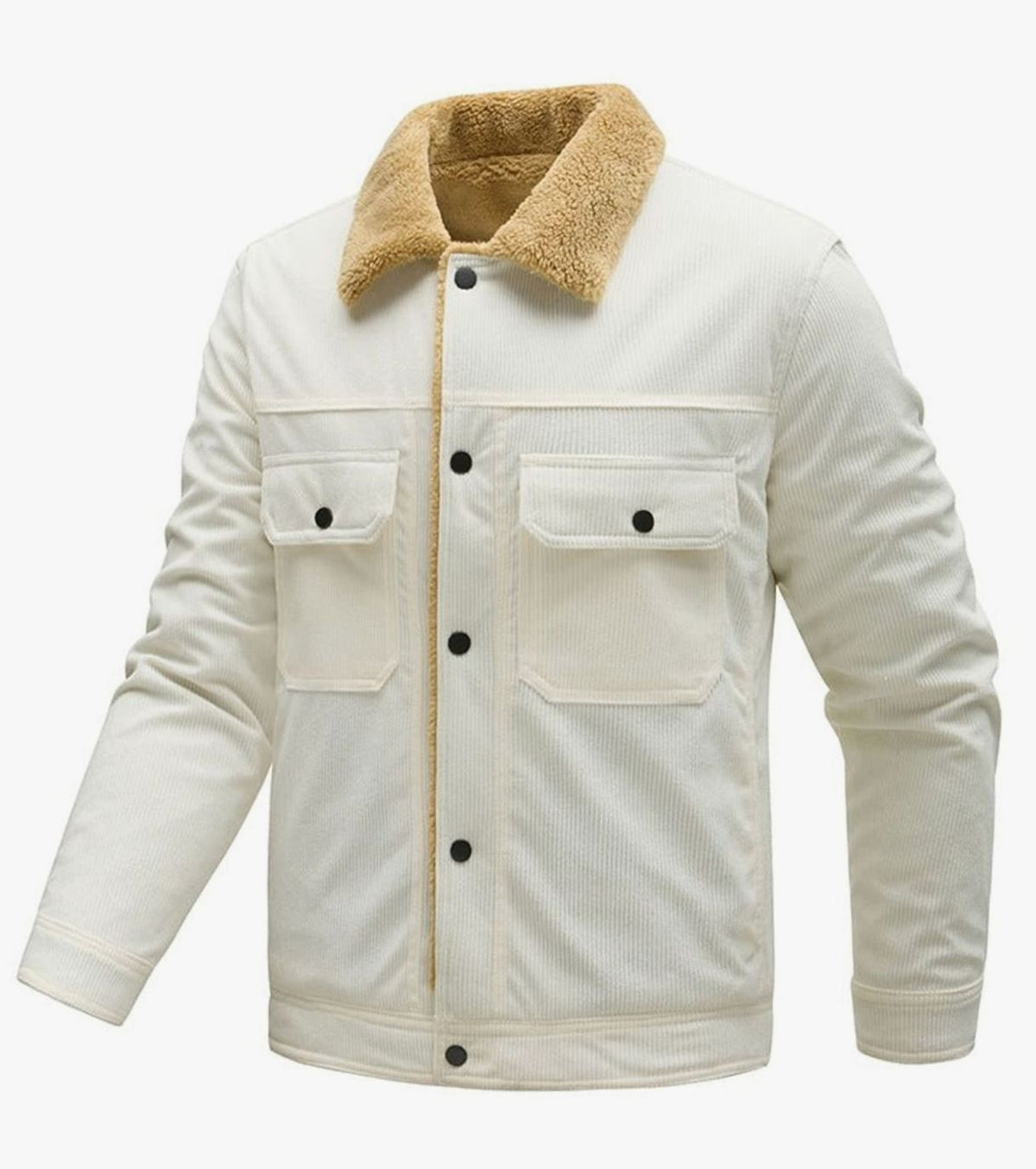 Men's Sherpa-Lined Corduroy Button-Up Jacket with Chest Pockets - White