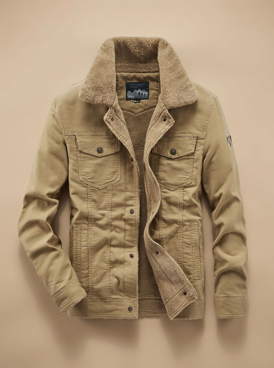 Men's Sherpa-Lined Fleece Cargo Jacket Snap Button - Khaki