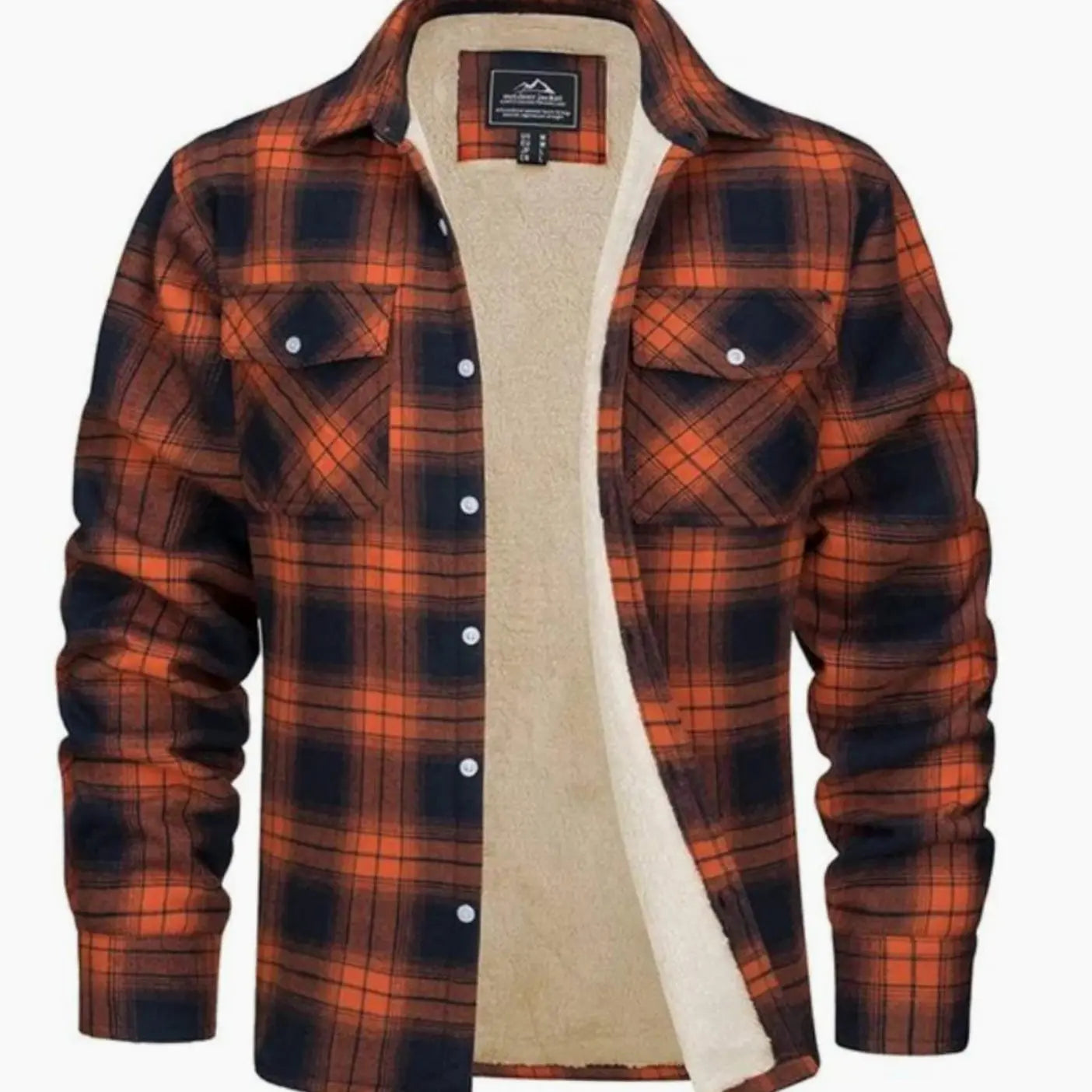 Men's Sherpa Lined Fleece Flannel Plaid Shirt Jacket Mens Coat - Orange