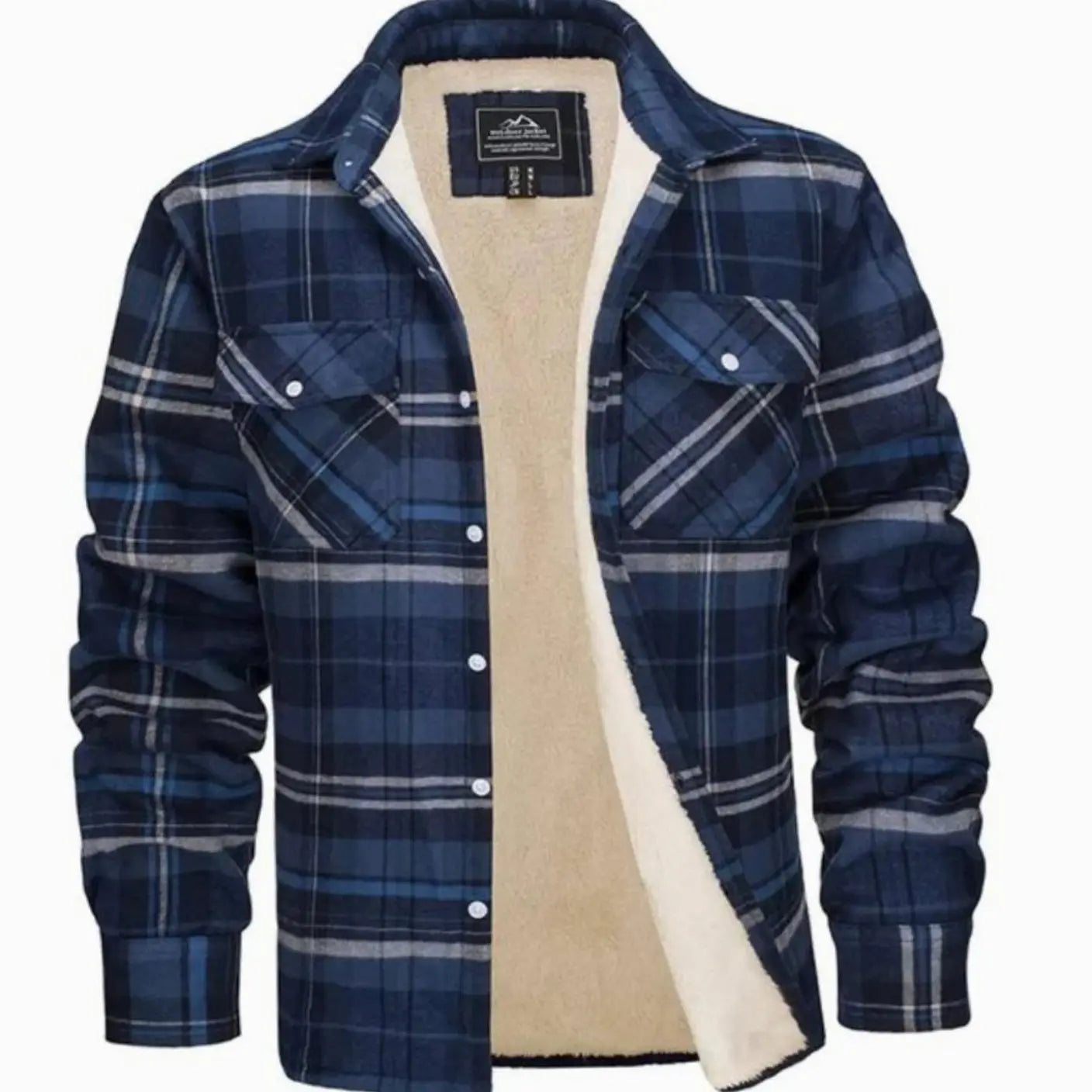 Men's Sherpa Lined Fleece Flannel Plaid Shirt Jacket Mens Coat - Blue-Grey