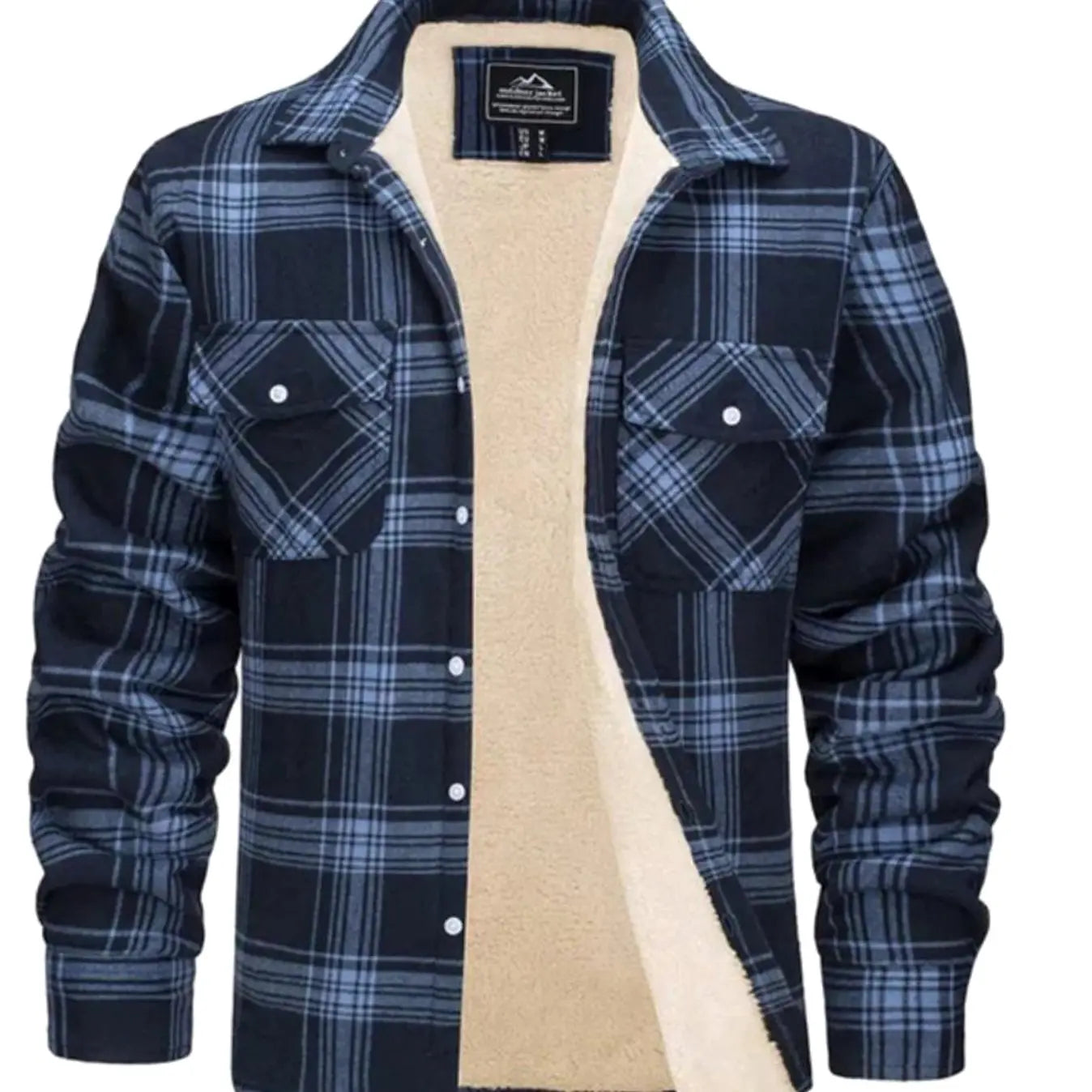 Men's Sherpa Lined Fleece Flannel Plaid Shirt Jacket Mens Coat - Navy Blue