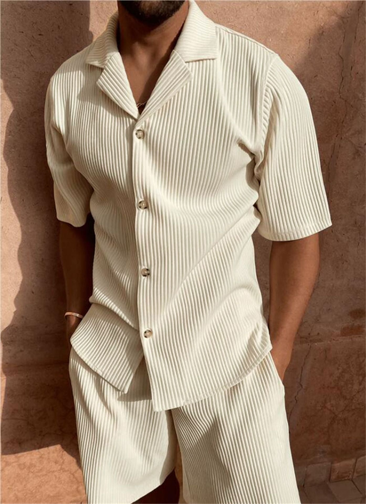 Men's Short Sleeve Button Shirt Shorts 2 Piece Set Ribbed - Beige