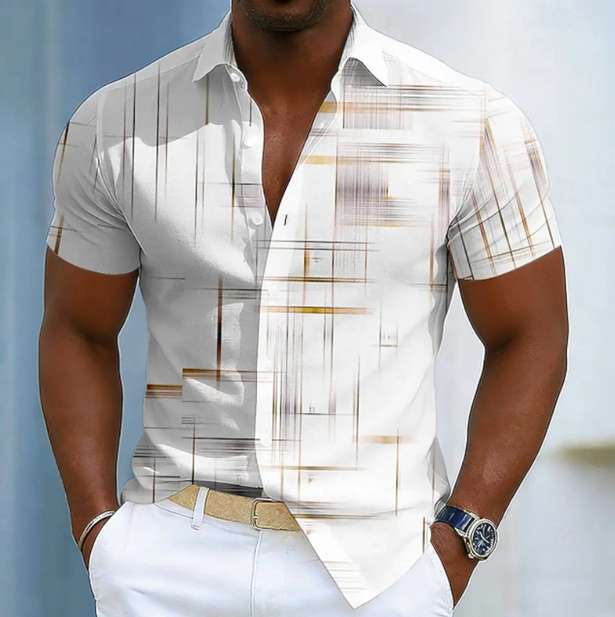 Men's Short Sleeve Geometric Print Relaxed-Fit Button-Up Shirt - Khaki