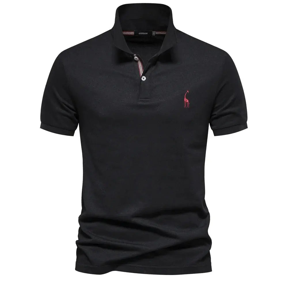 Men's Short Sleeve Polo Shirt Button Placket Giraffe Emblem - Black