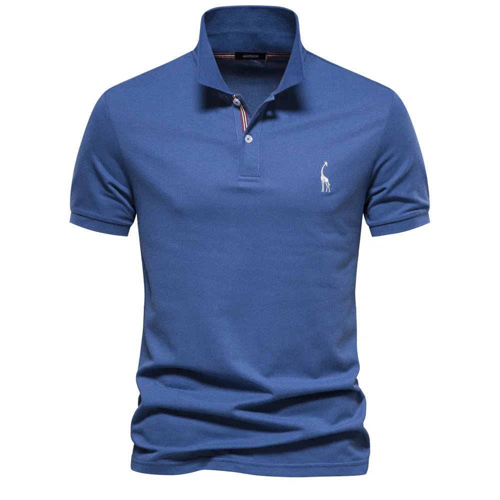 Men's Short Sleeve Polo Shirt Button Placket Giraffe Emblem - Blue