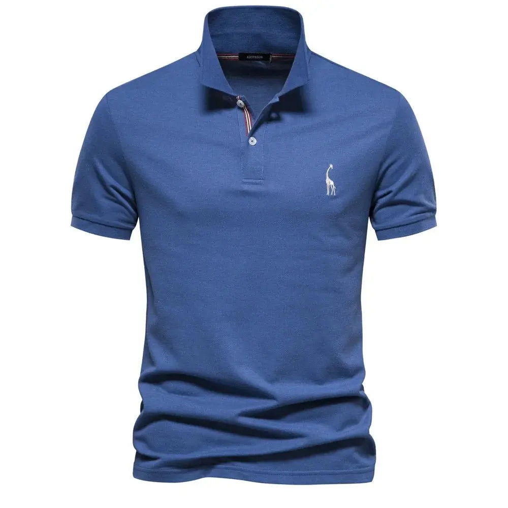 Men's Short Sleeve Polo Shirt Button Placket Giraffe Emblem - Blue