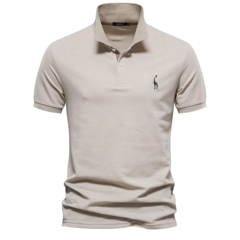 Men's Short Sleeve Polo Shirt Button Placket Giraffe Emblem - Khaki