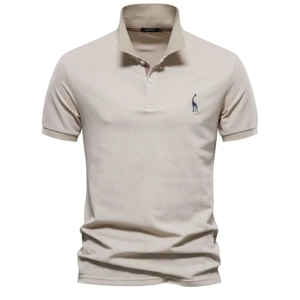 Men's Short Sleeve Polo Shirt Button Placket Giraffe Emblem - Khaki