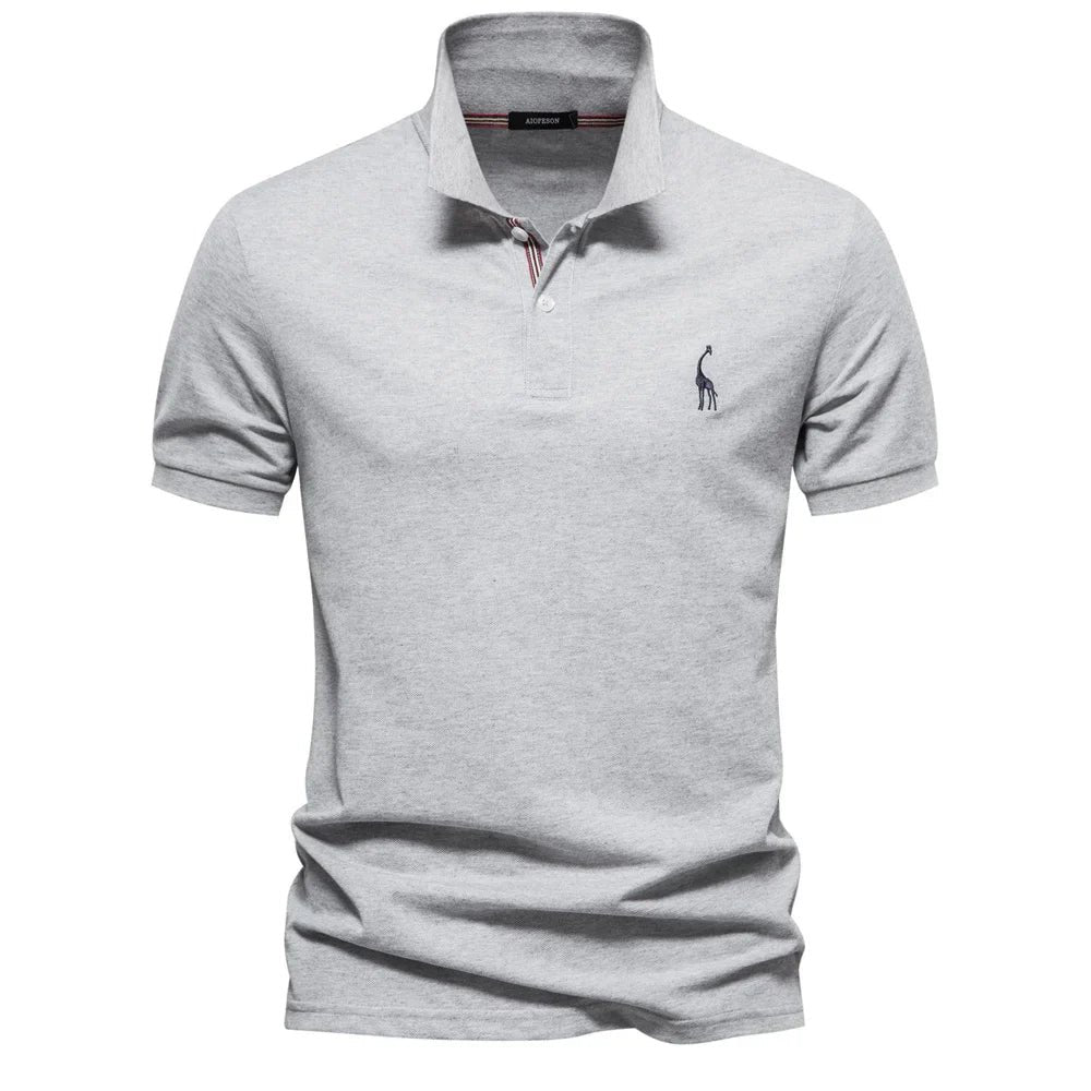 Men's Short Sleeve Polo Shirt Button Placket Giraffe Emblem - Light Gray