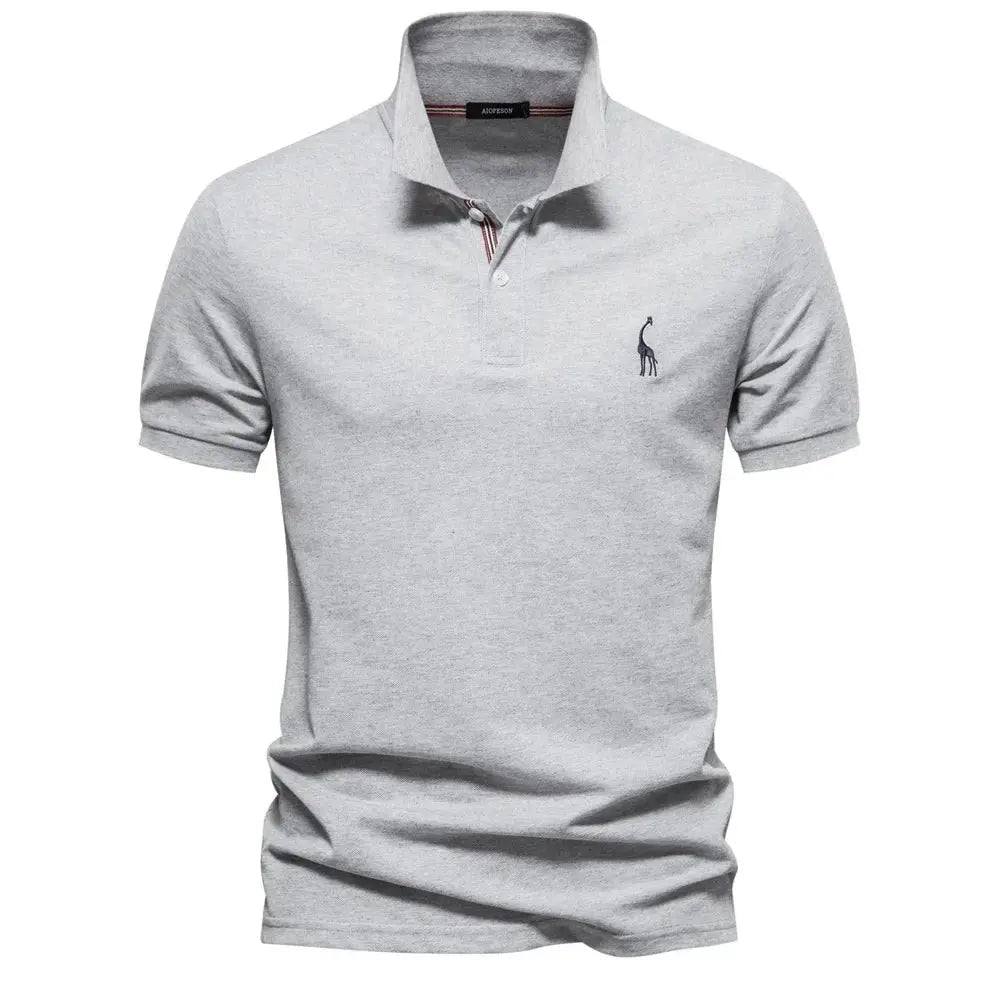 Men's Short Sleeve Polo Shirt Button Placket Giraffe Emblem - Light Gray
