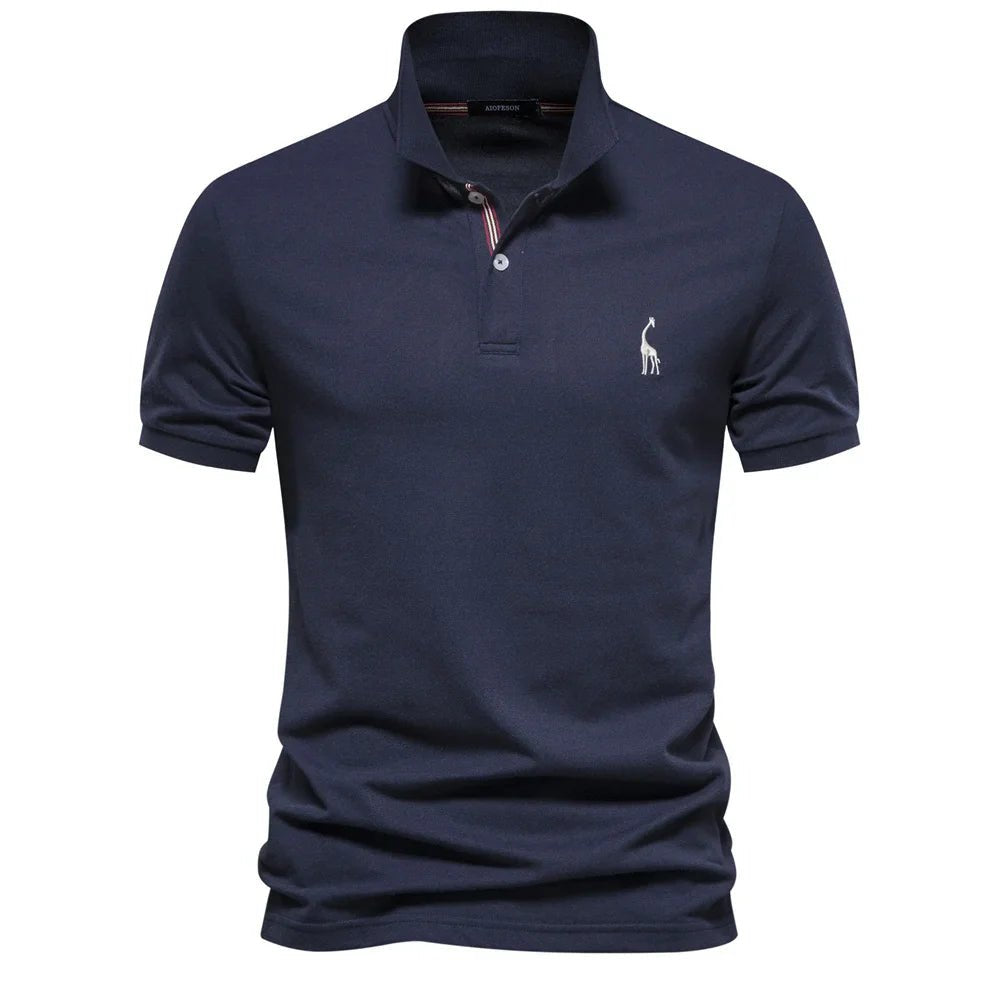 Men's Short Sleeve Polo Shirt Button Placket Giraffe Emblem - Dark Blue