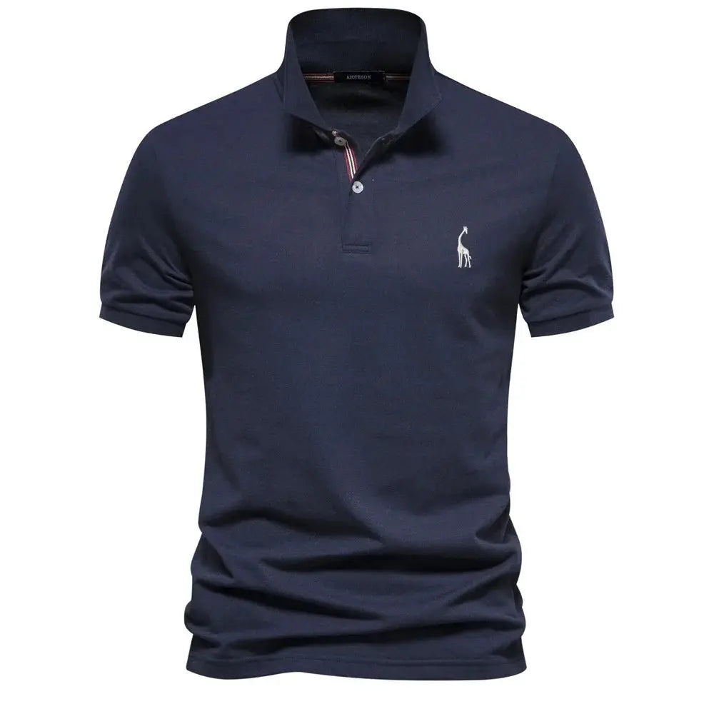 Men's Short Sleeve Polo Shirt Button Placket Giraffe Emblem - Dark Blue