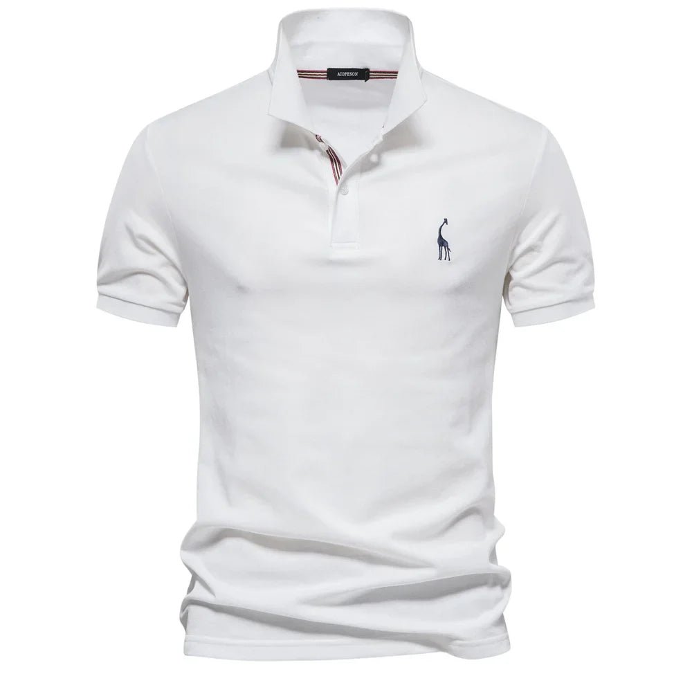 Men's Short Sleeve Polo Shirt Button Placket Giraffe Emblem - White