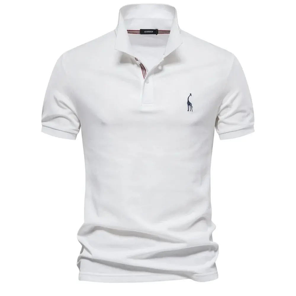 Men's Short Sleeve Polo Shirt Button Placket Giraffe Emblem - White