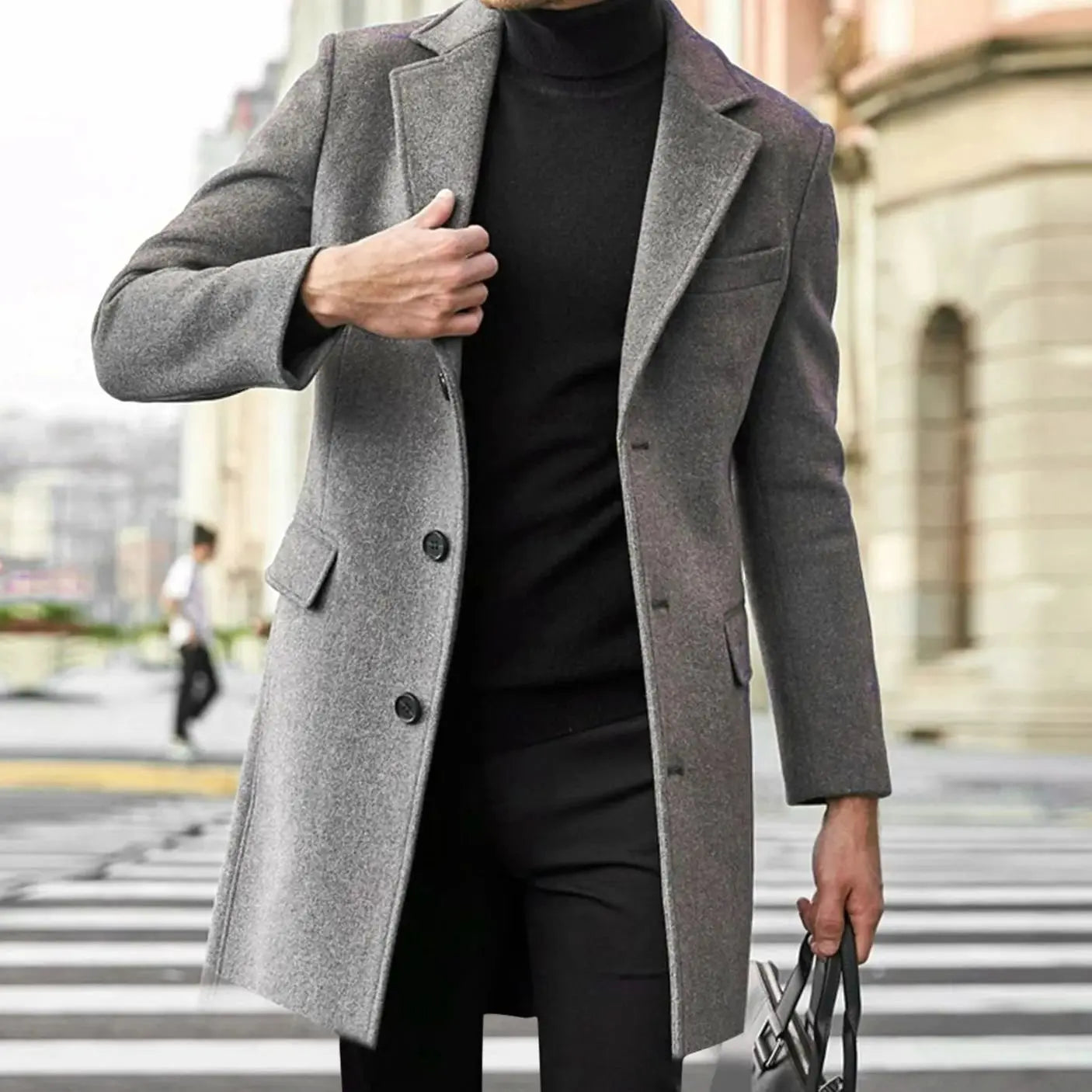 Men's Single-Breasted Notched Lapel Long Overcoat Mens Coat - Grey
