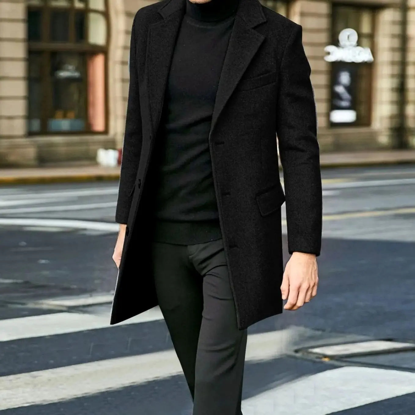 Men's Single-Breasted Notched Lapel Long Overcoat Mens Coat