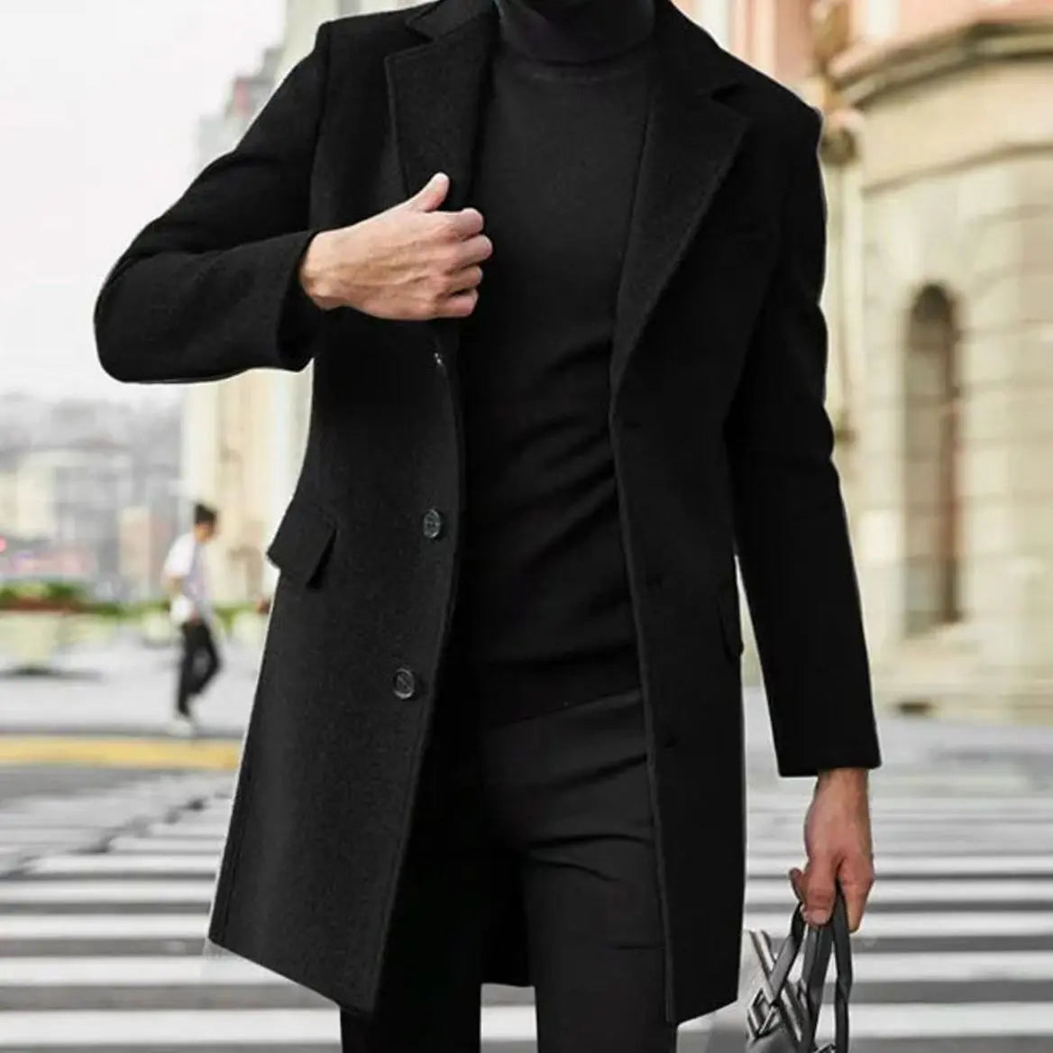 Men's Single-Breasted Notched Lapel Long Overcoat Mens Coat - Black