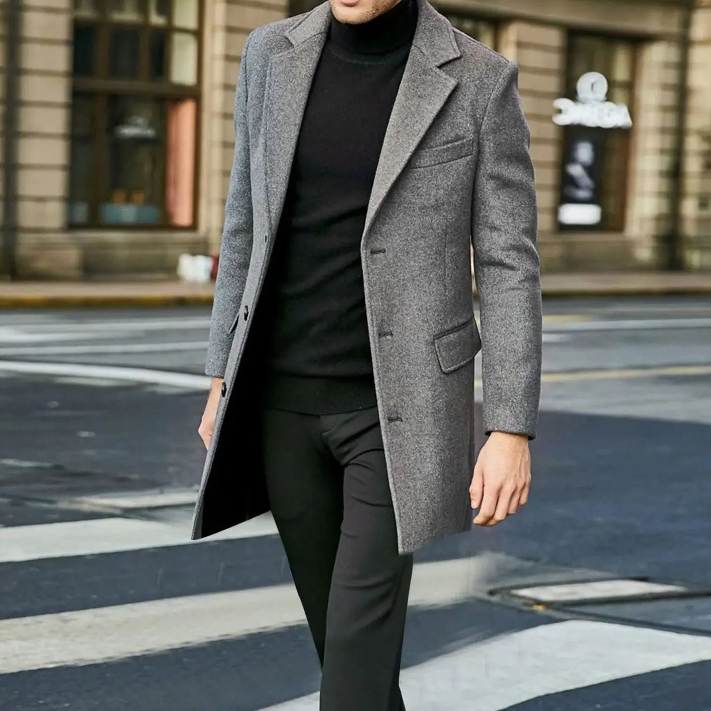 Men's Single-Breasted Notched Lapel Long Overcoat Mens Coat - Grey