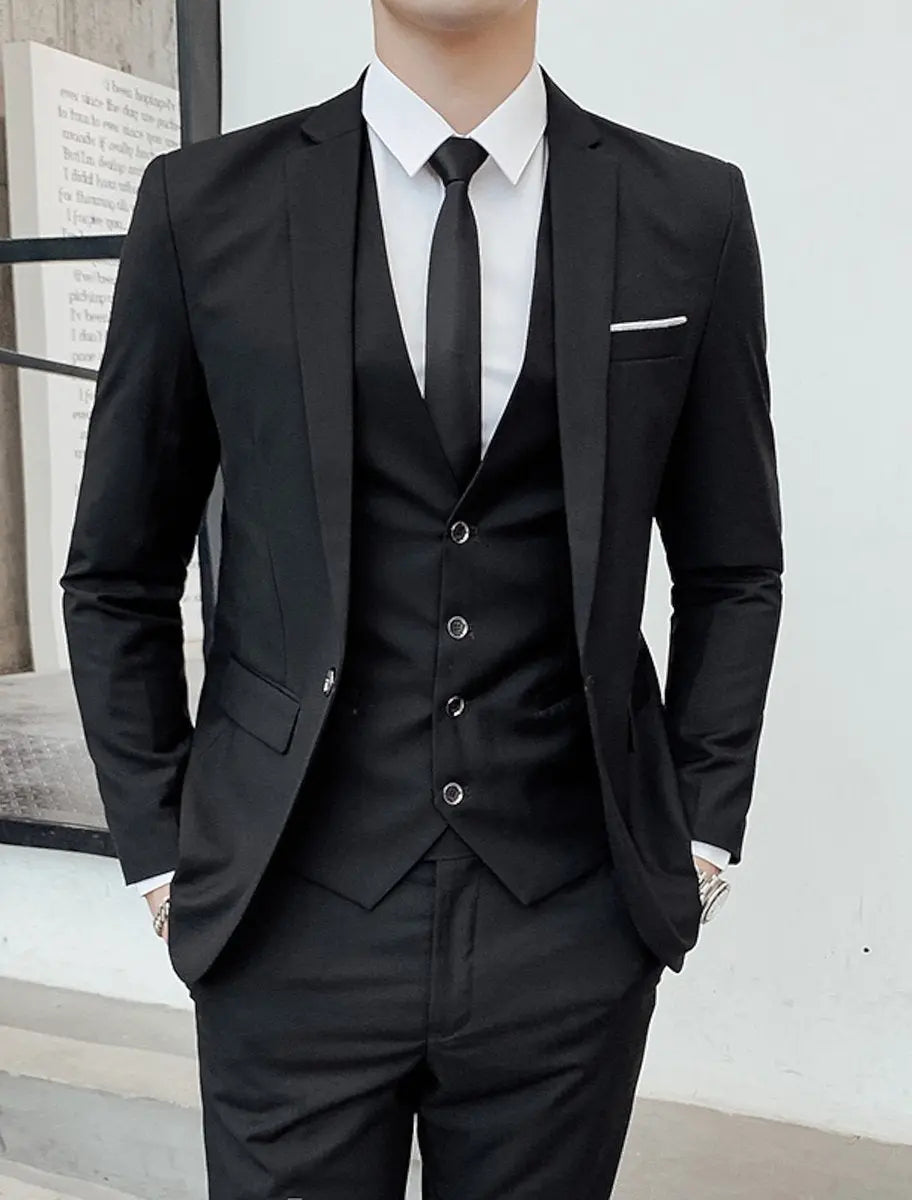 Men's Single-Breasted Two-Button Three-Piece Tailored Suit - Black