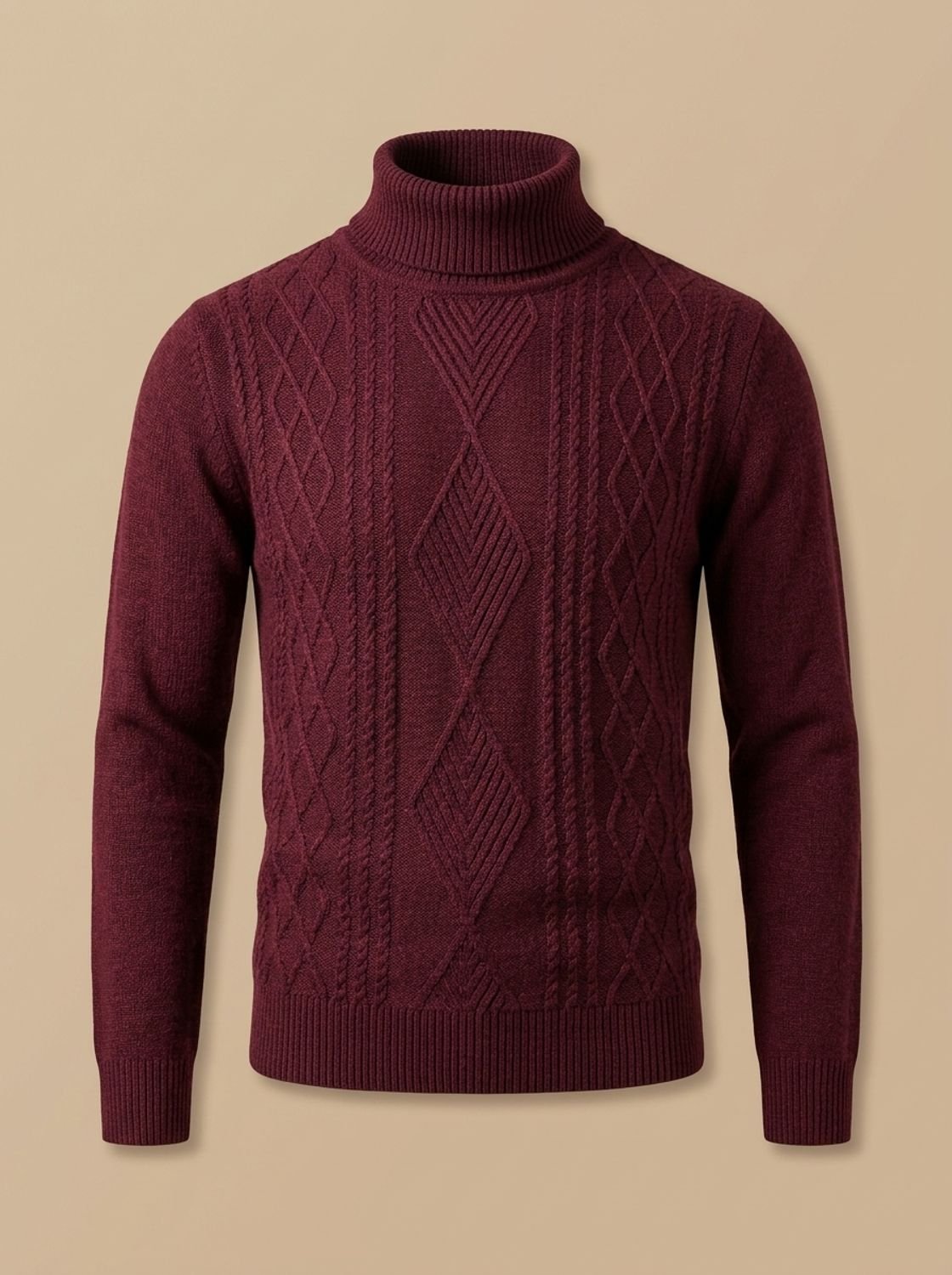Men's Slim-Fit Cable-Knit Turtleneck Jumper - Burgundy