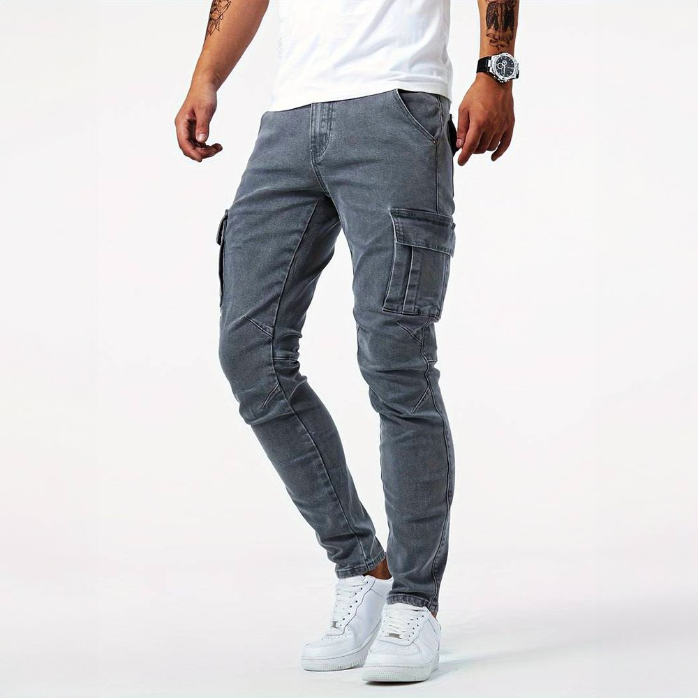 Men's Slim Fit Cargo Trousers Side Flap Pockets - Gray