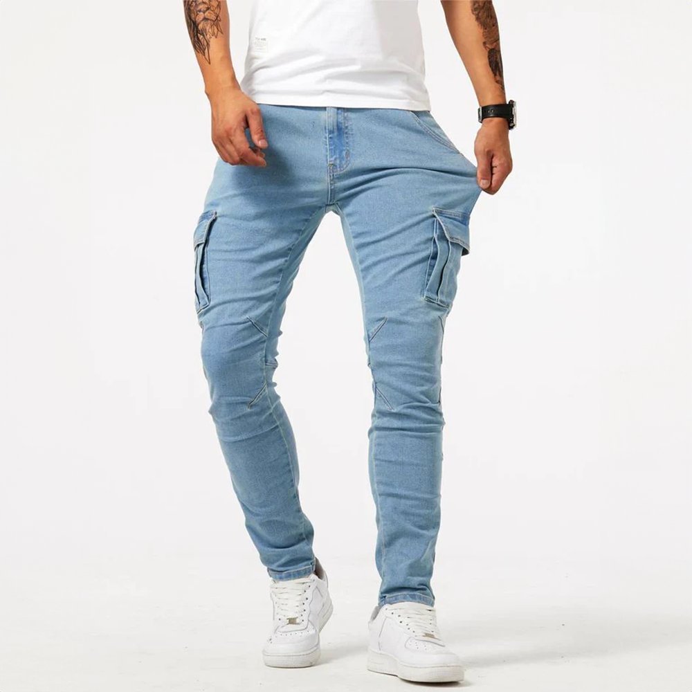 Men's Slim Fit Cargo Trousers Side Flap Pockets - Blue