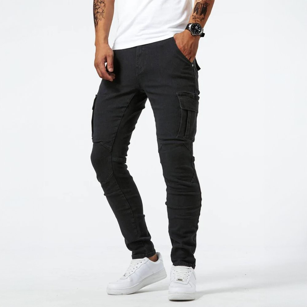 Men's Slim Fit Cargo Trousers Side Flap Pockets - Black