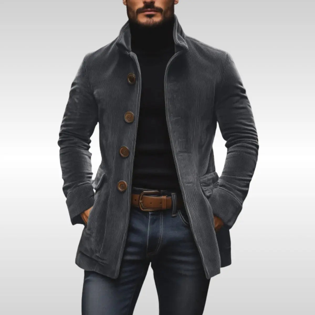 Men's Slim-Fit Corduroy Mens Wool Coat Stand-Collar Button-Up Jacket - Grey
