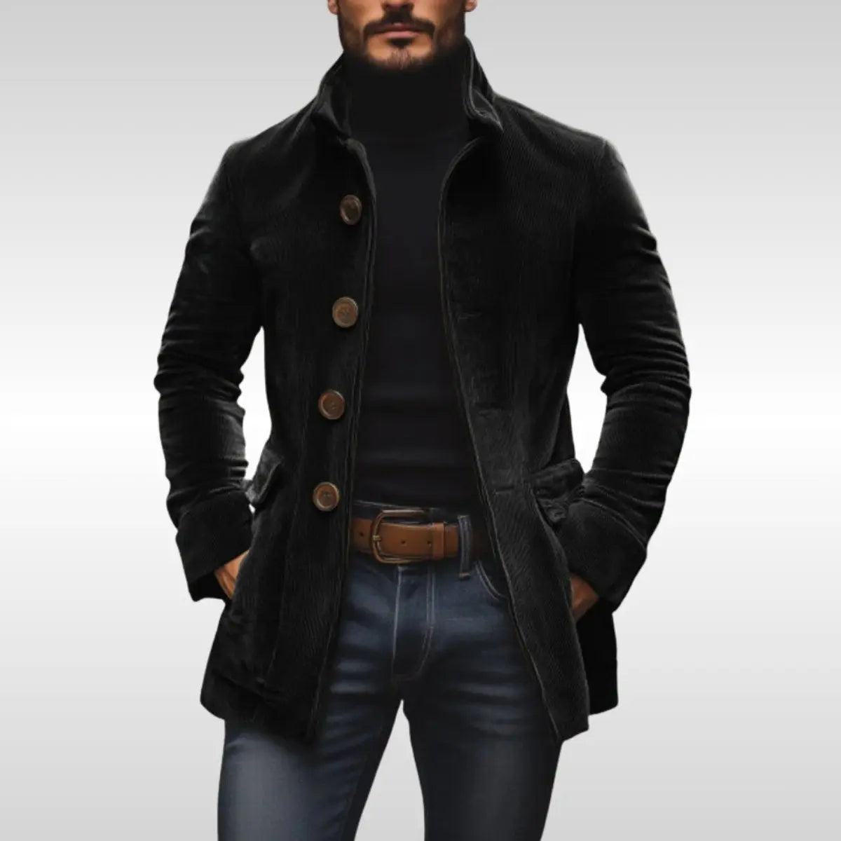 Men's Slim-Fit Corduroy Mens Wool Coat Stand-Collar Button-Up Jacket - Black