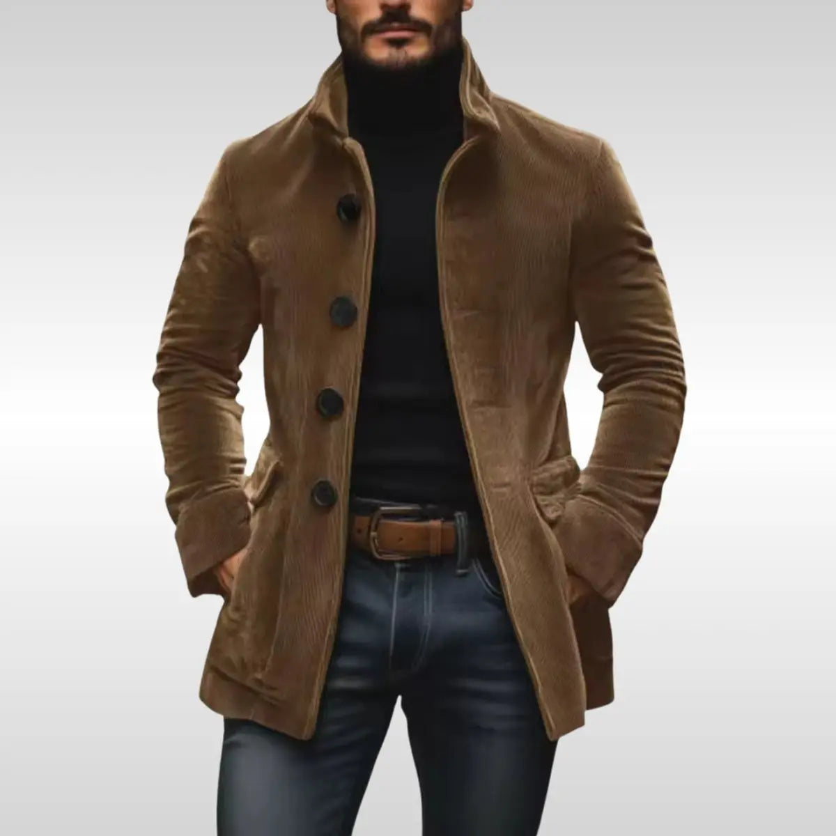 Men's Slim-Fit Corduroy Mens Wool Coat Stand-Collar Button-Up Jacket - Light Brown