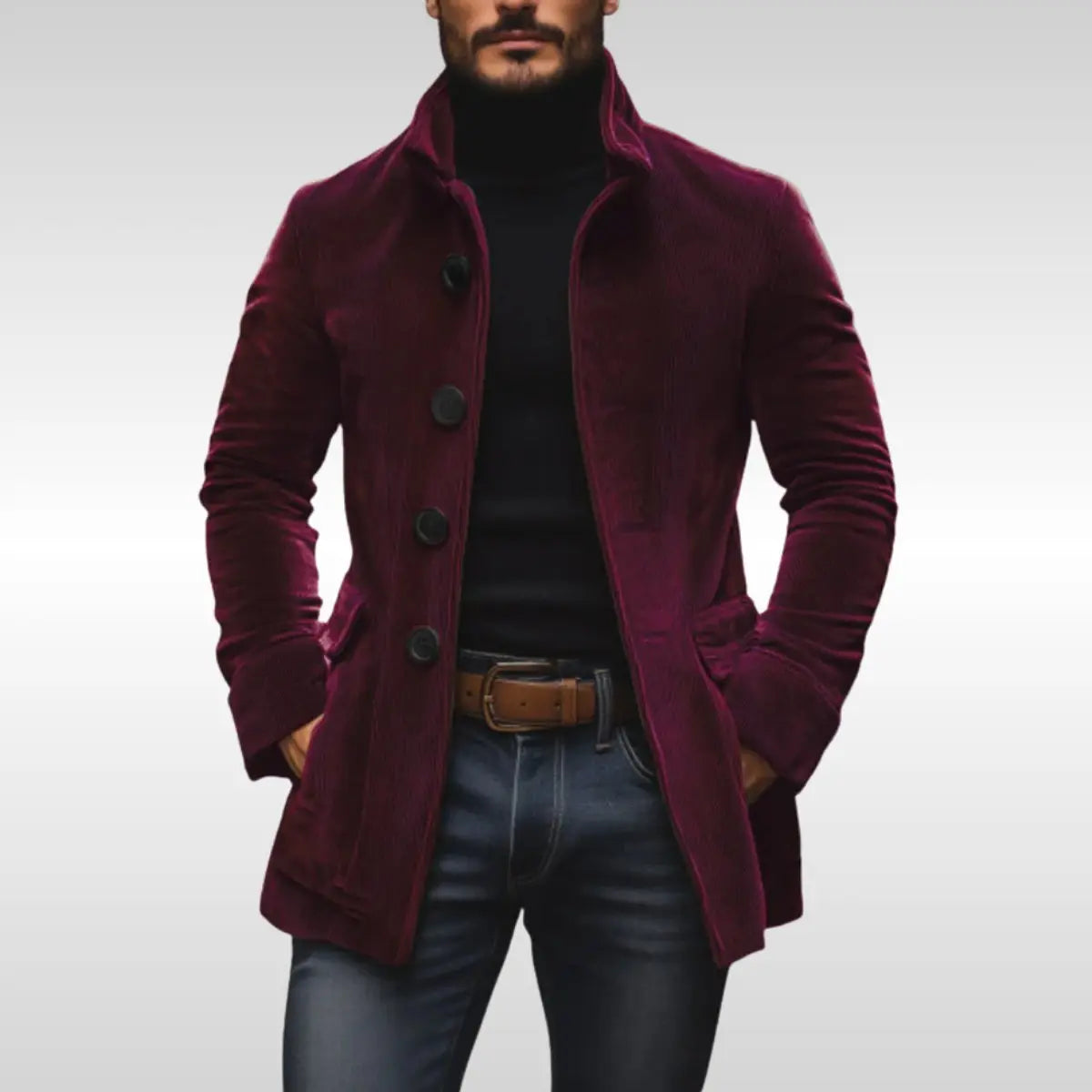 Men's Slim-Fit Corduroy Mens Wool Coat Stand-Collar Button-Up Jacket - Burgundy