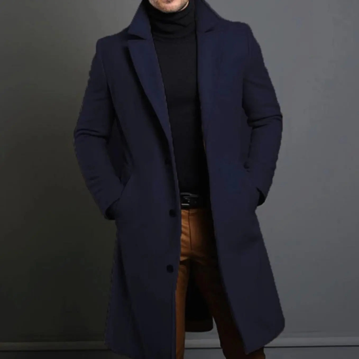 Men's Slim Fit Long Wool Coat Tailored Overcoat - Blue