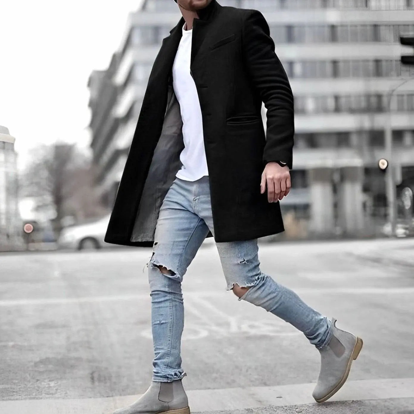 Men's Slim-Fit Stand-Collar Mid-Length Wool-Blend Overcoat - Black