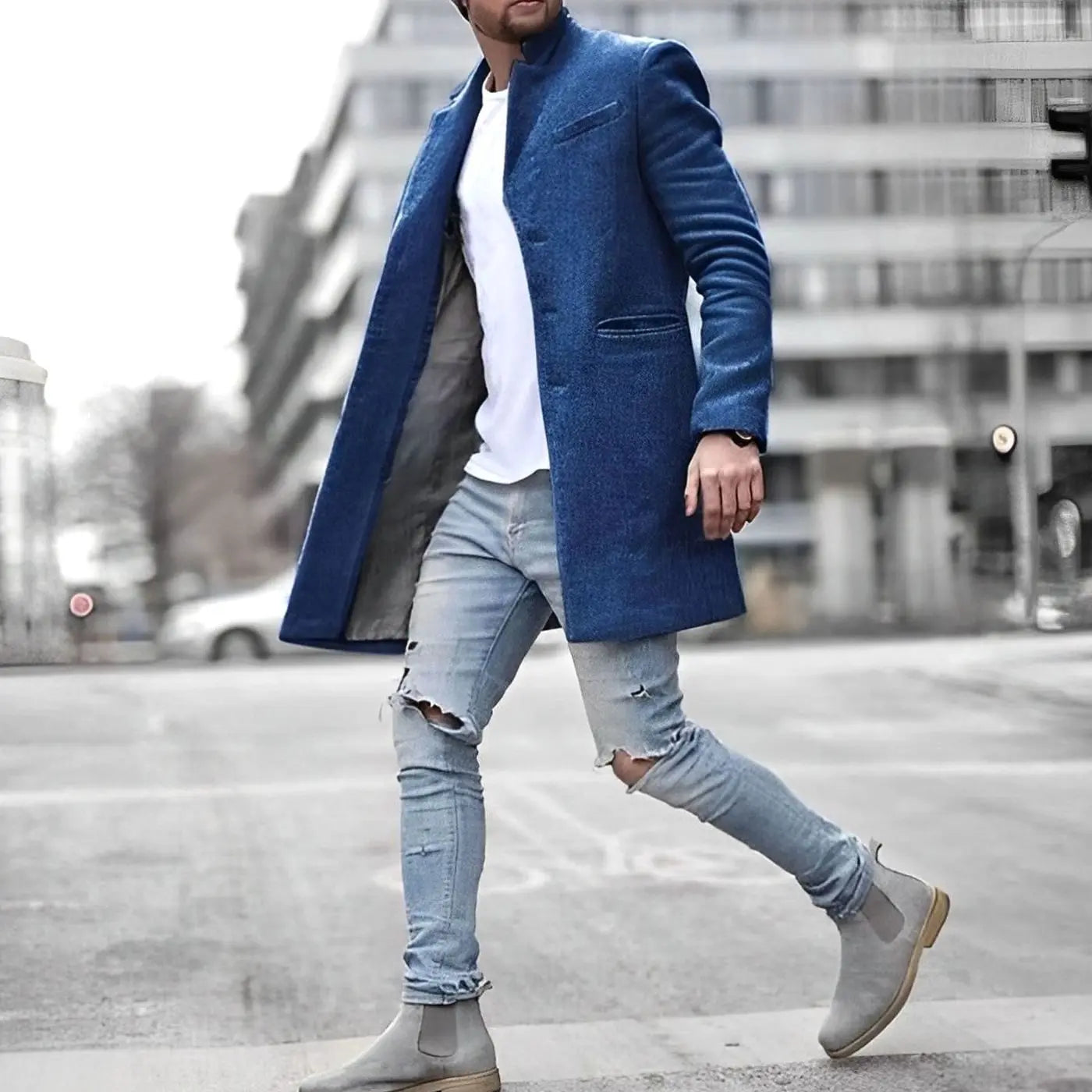 Men's Slim-Fit Stand-Collar Mid-Length Wool-Blend Overcoat - Blue