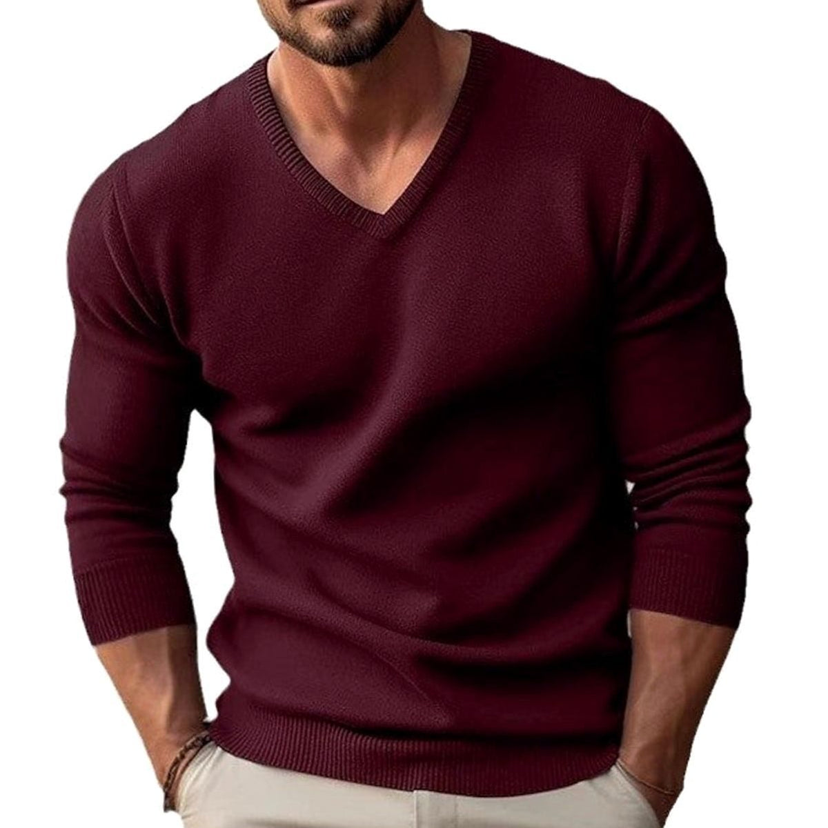 Men's Slim-Fit V-Neck Fine-Knit Stretch Jumper Ribbed Cuffs