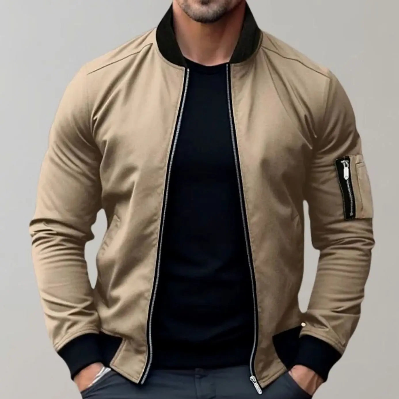 Men's Slim Fit Zip-Up Bomber Jacket Ribbed Collar Pockets - Khaki