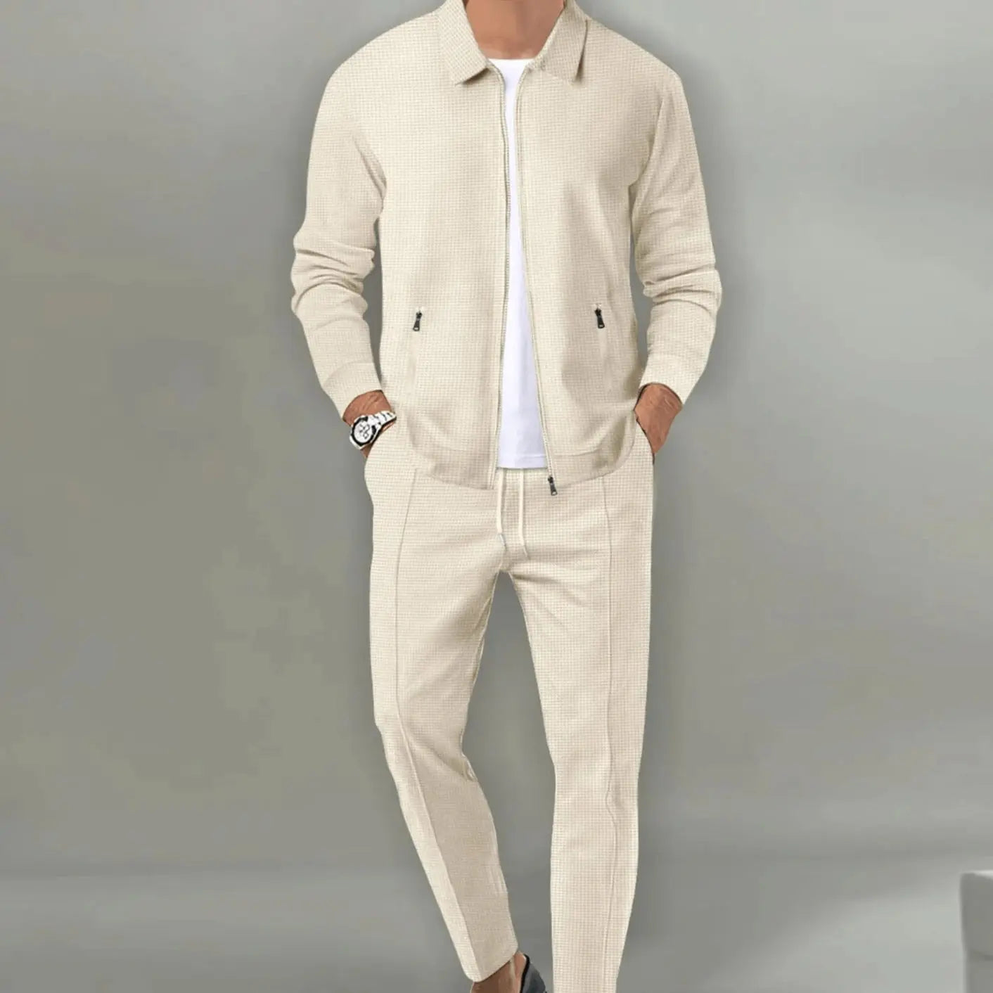 Men's Slim-Fit Zip-Up Casual Tracksuit Two-Piece Set - Beige
