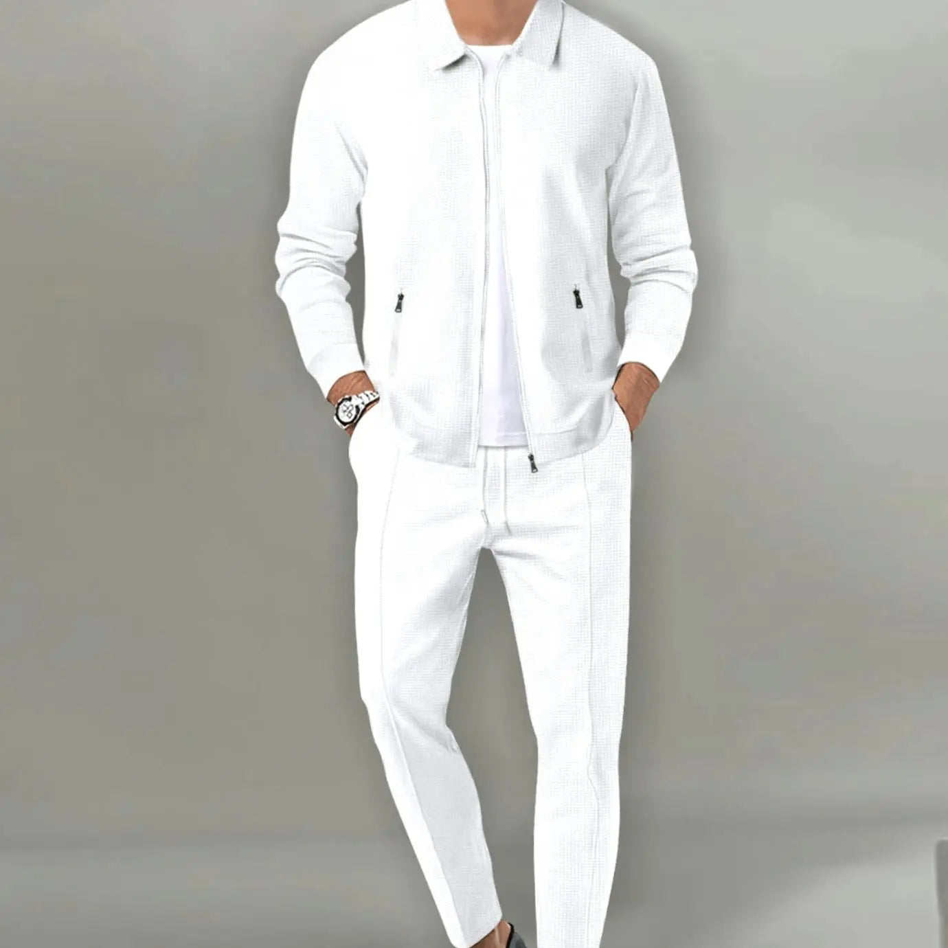 Men's Slim-Fit Zip-Up Casual Tracksuit Two-Piece Set - White