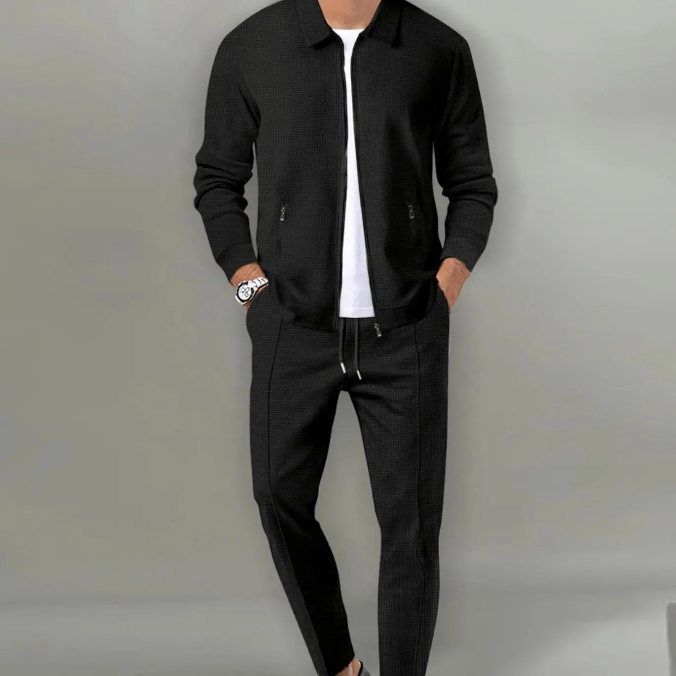 Men's Slim-Fit Zip-Up Casual Tracksuit Two-Piece Set - Black