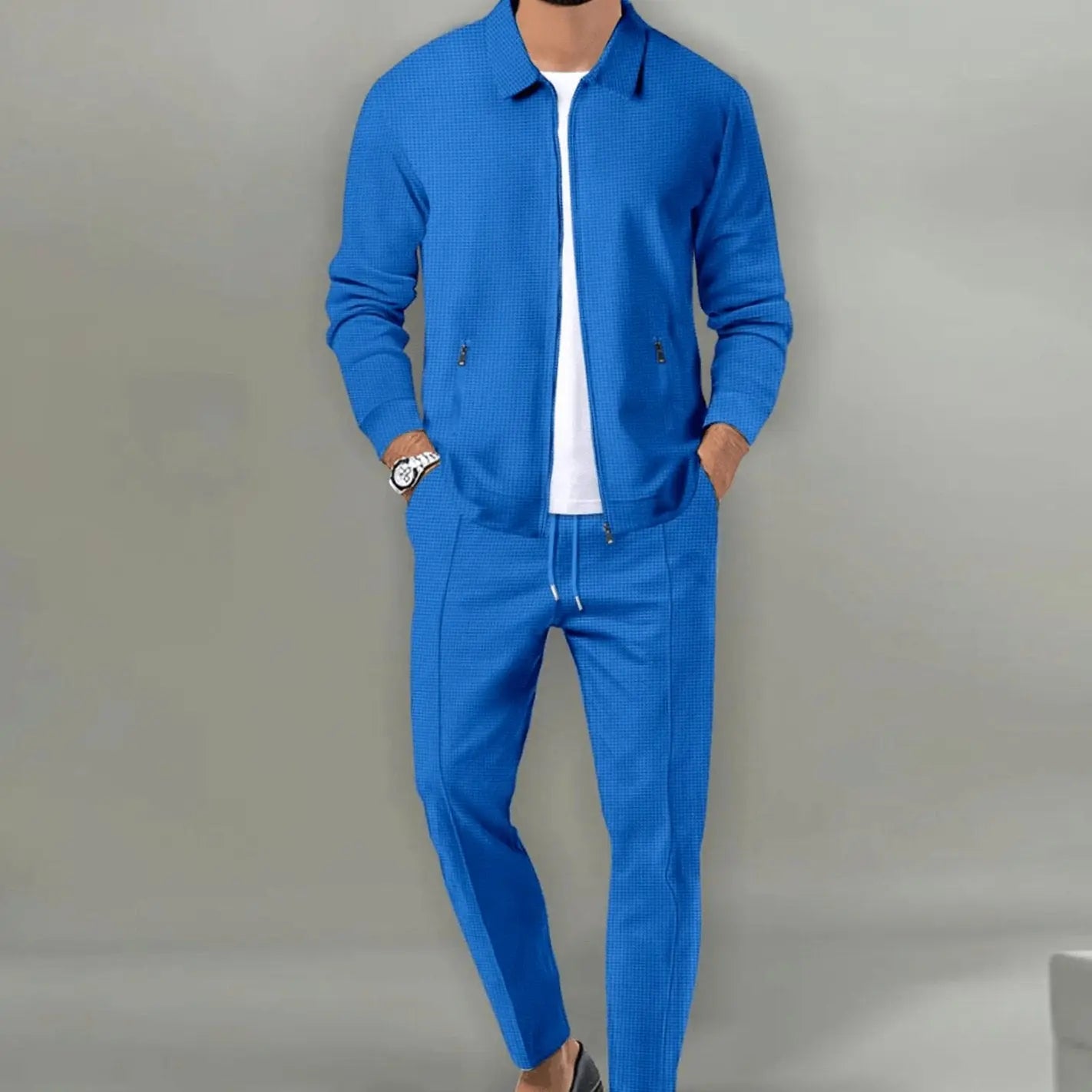 Men's Slim-Fit Zip-Up Casual Tracksuit Two-Piece Set - Blue