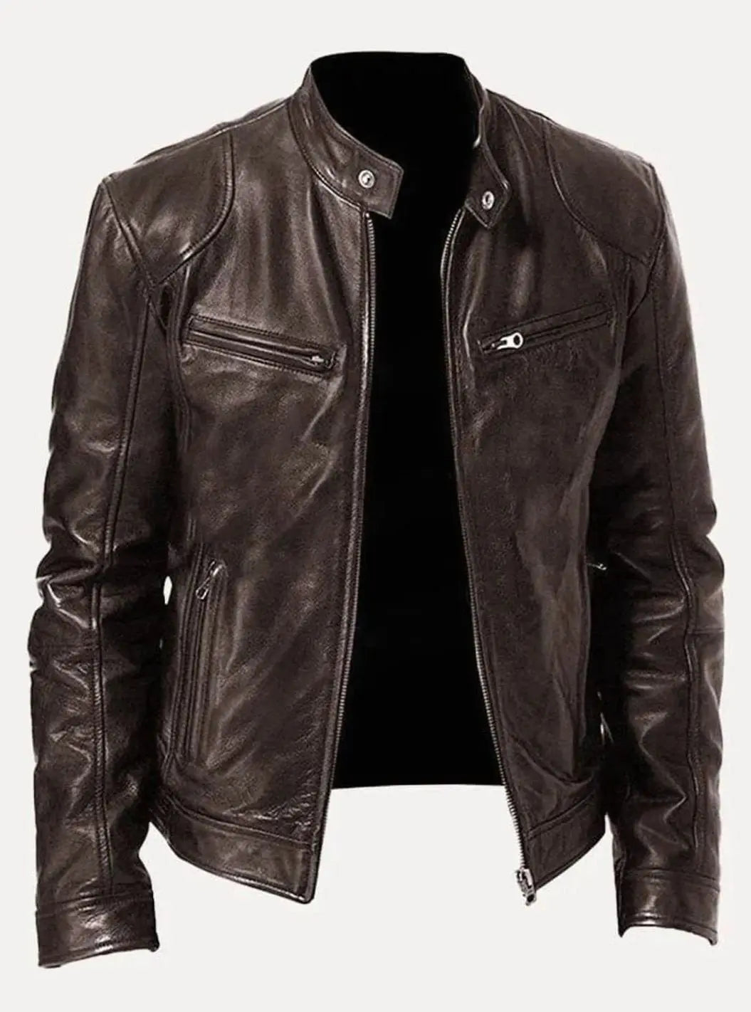 Men's Slim-Fit Zip-Up Leather Moto Style Jacket - Brown