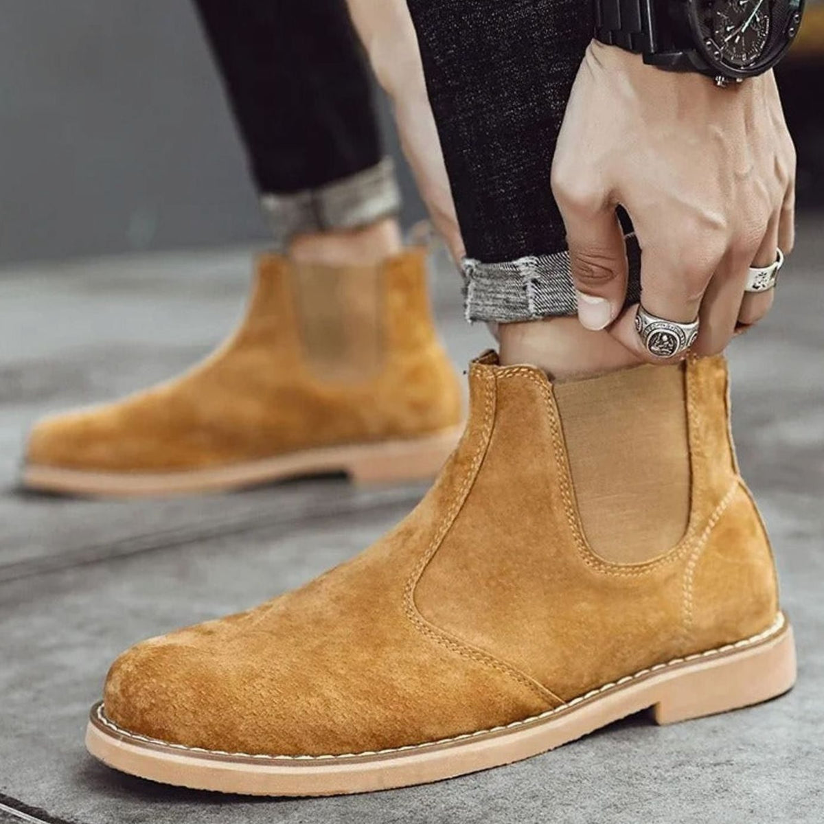 Men's Slip-On Leather Chelsea Boots Rubber Sole - Khaki
