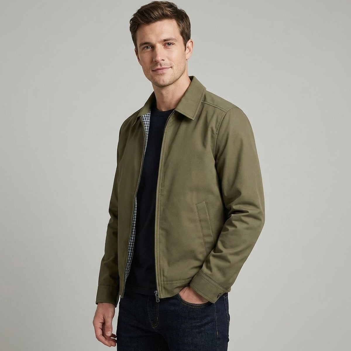Men's Smart-Casual Harrington Jacket Checked Lining Zip-Front